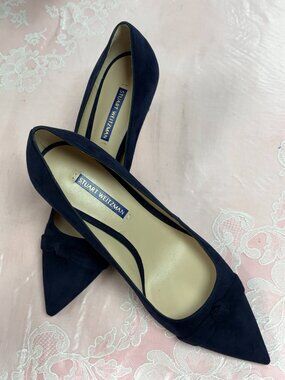 $795-NEW-Stuart Weitzman-Women- Navy Suede leather heel Dress shoes.Sz-9M.Spain.